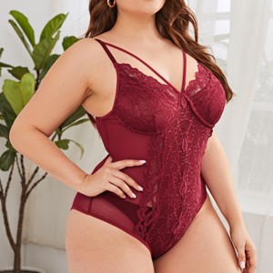 Floral Lace Scallop Trim Harness Teddy Bodysuit για νυχτερινό φόρεμα