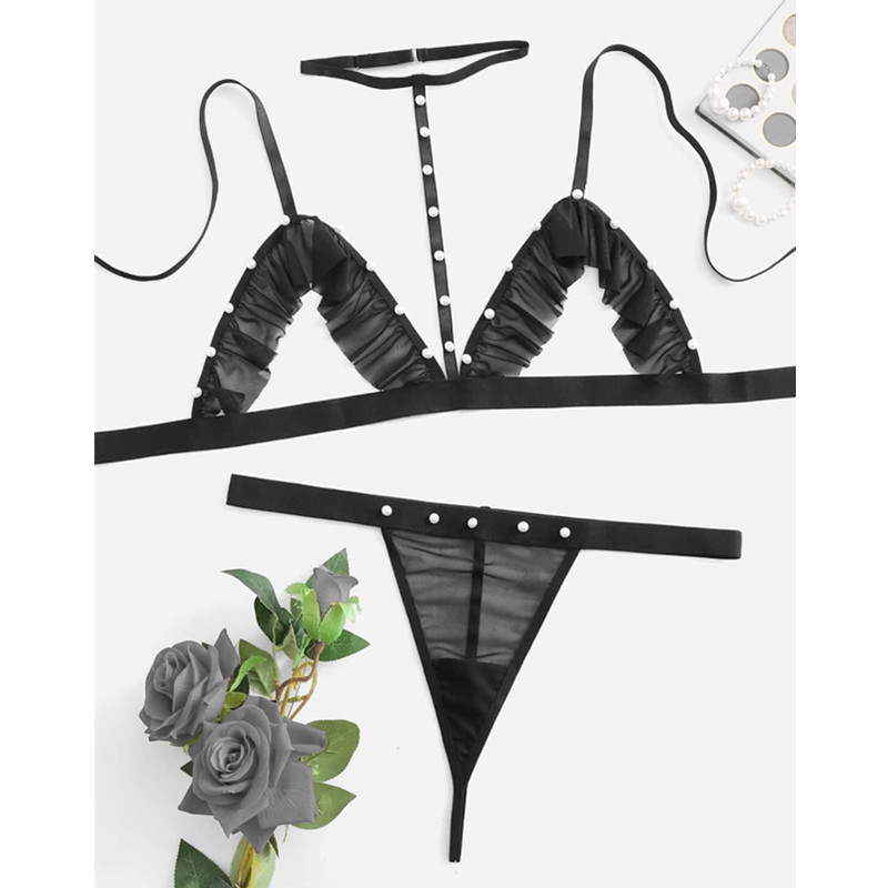 Harness cup-out cut-out frill trill σετ εσώρουχα με σέξι πλέγμα στρώμα